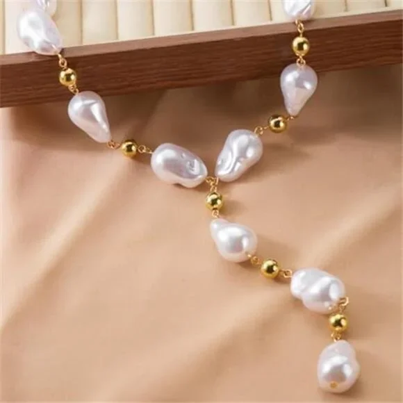 Gold Baroque Pearl Layered Necklace Set Irregular Beaded Y-Choker - Picture 4 of 6